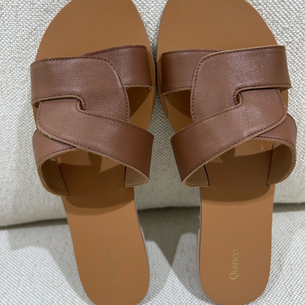 Quince Italian Leather Cutout Slide Sandal Tan Cognac Women’s Size 8 NWOT - Picture 2 of 6